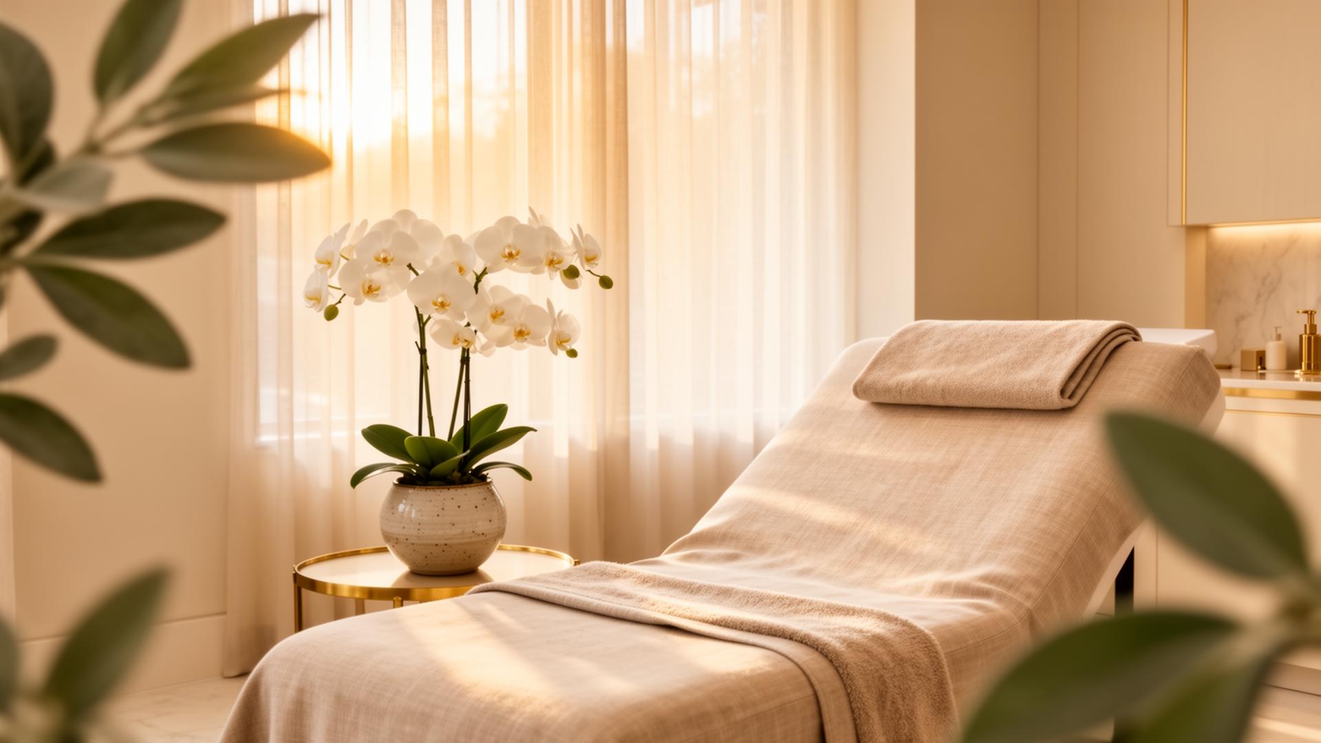 Calming, light-filled medical spa treatment room with orchids